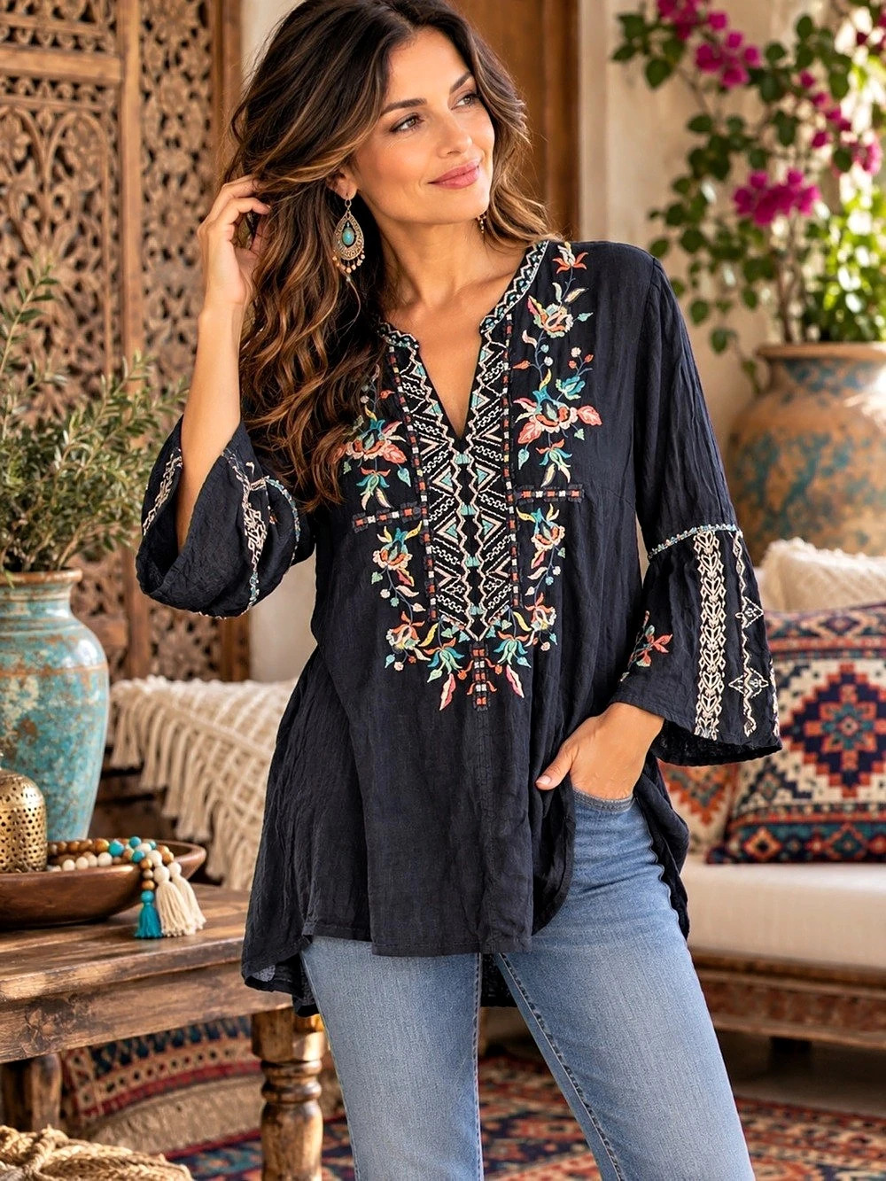 Johnny Was Workshop Embroidered Tunic Black & Multicolor Small